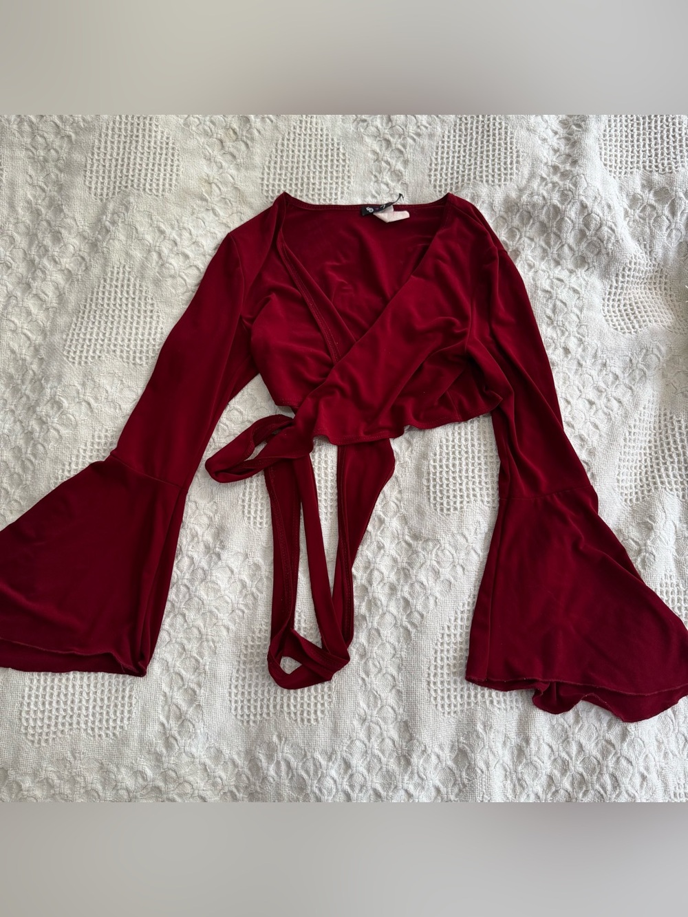 Y2k 579 Women's deep cherry red Wrap Crop Top with Bell Sleeves